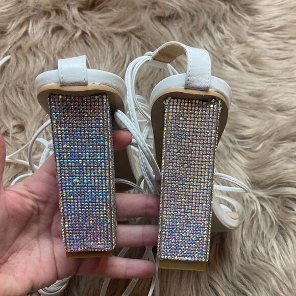 Rhinestones Block Heel Lace Up Ankle Wrap Sandals - Picture 8 of 16